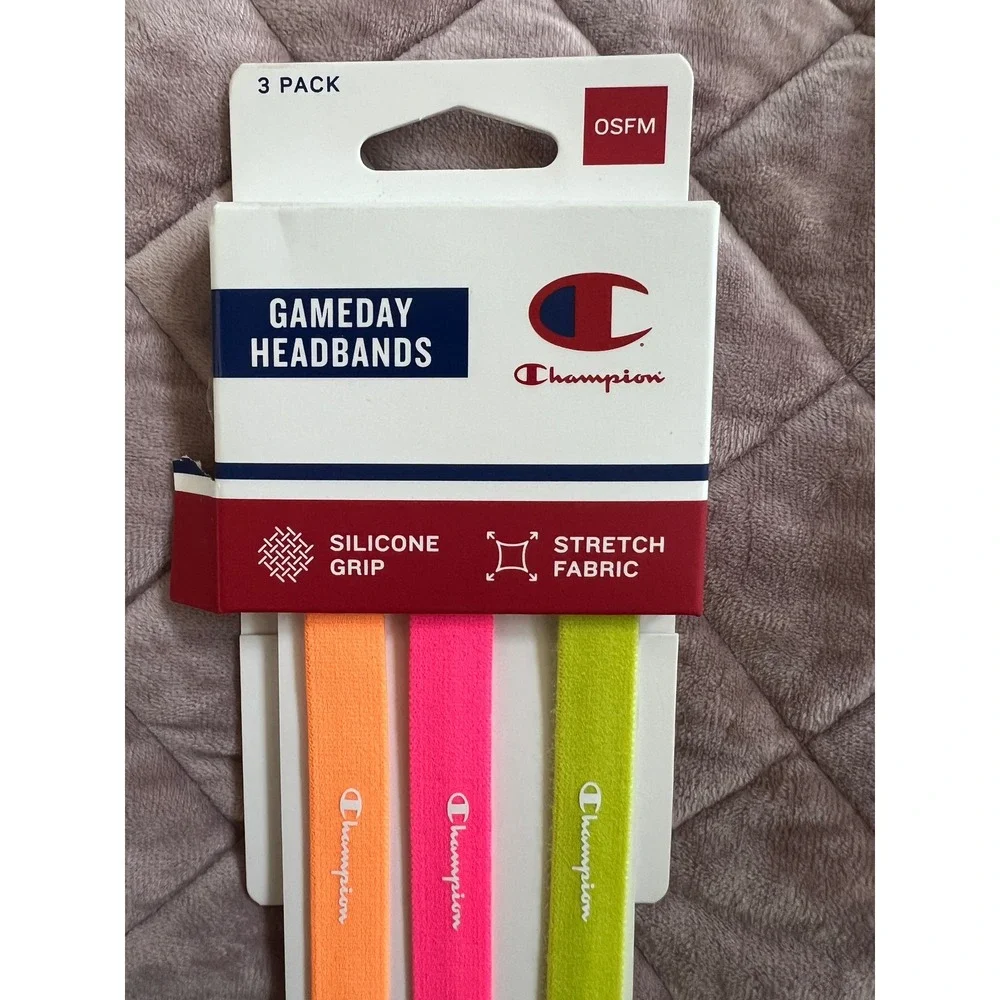 Champion Gameday Headbands 3 Pack Neon Orange Pink Yellow Silicone Grip OSFM